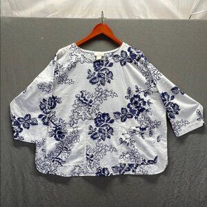 Cynthia Rowley Blue and White Relaxed 3/4 Sleeve embroidered Blouse